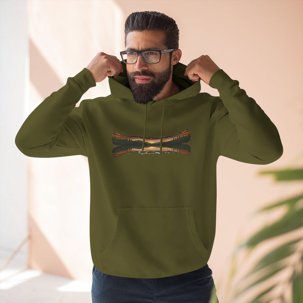 The "Morning Stillness" Premium Hoodie - Vintage Canoe Woodcut