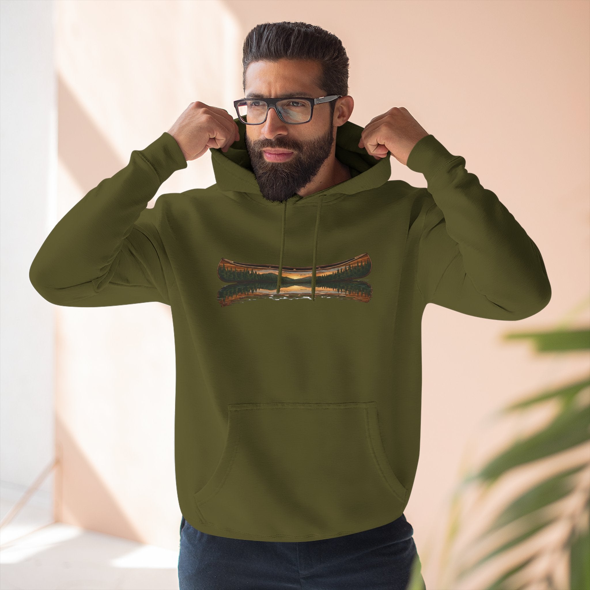 The "Morning Stillness" Premium Hoodie - Vintage Canoe Woodcut
