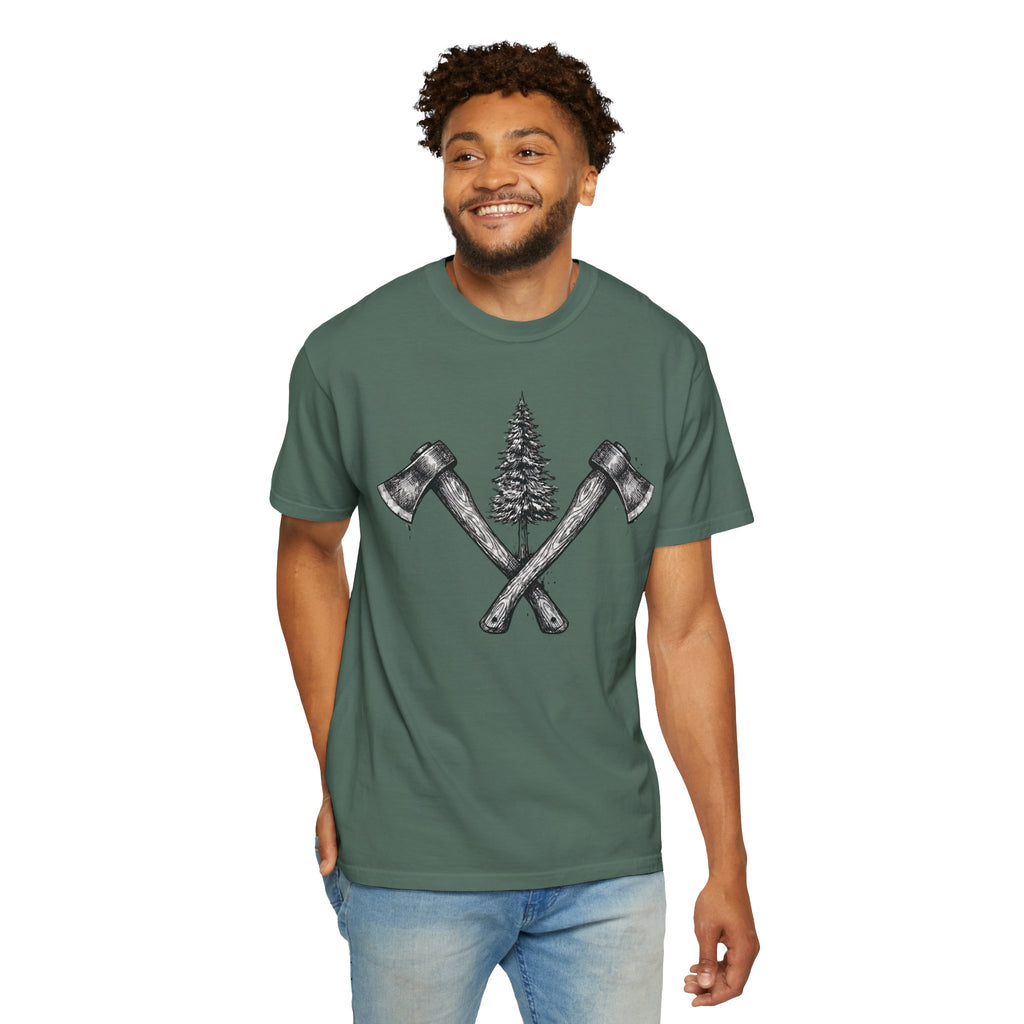 Axe & Pine Tree T-Shirt — Rustic Lumberjack Graphic Tee