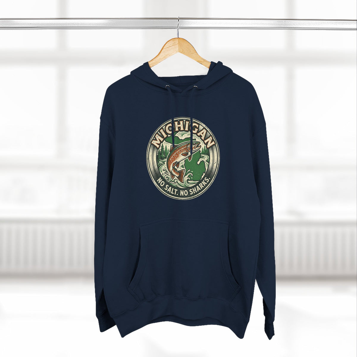 Michigan Fishing Badge Hoodie — No Salt, No Sharks Graphic Pullover