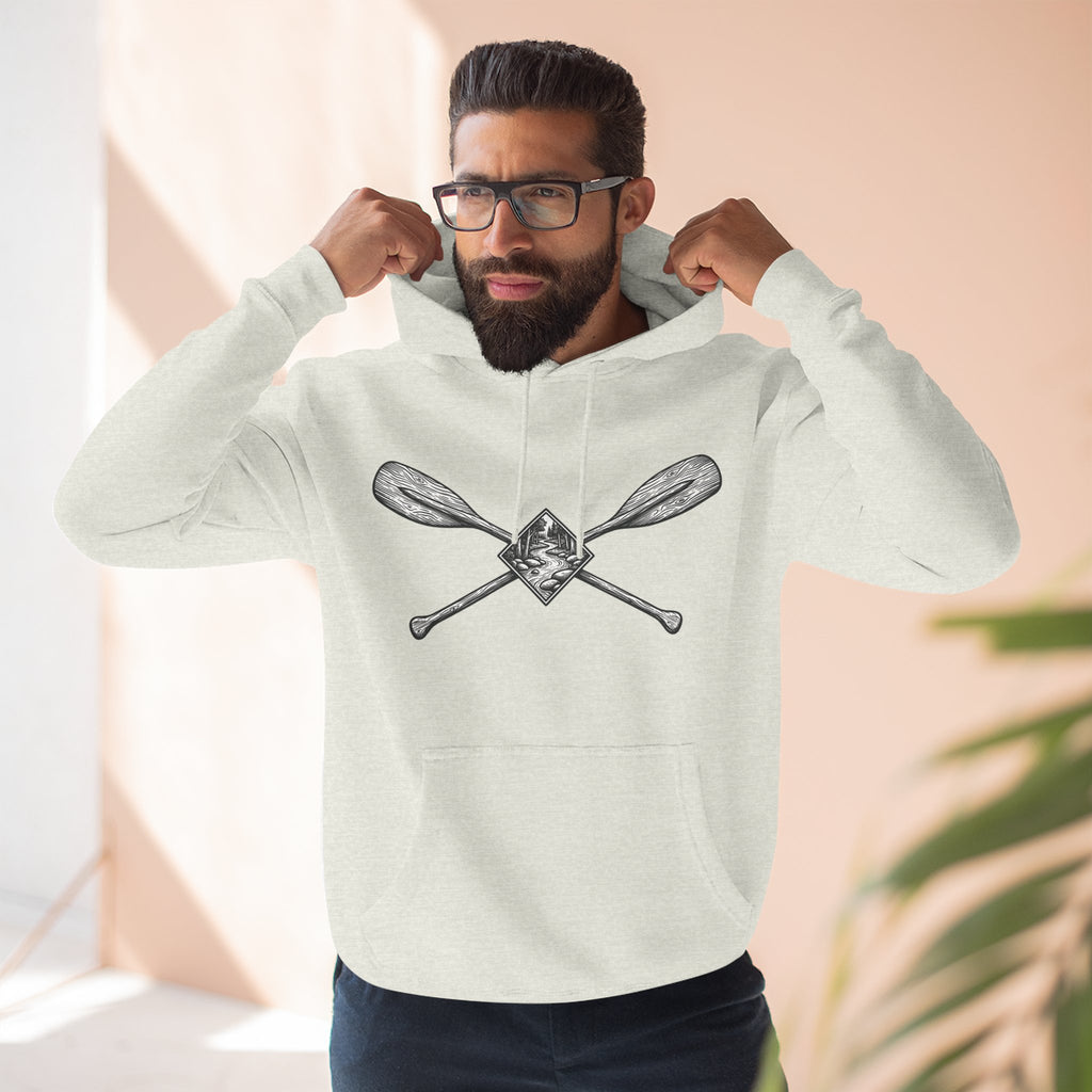 River Wanderer Premium Heavyweight Hoodie - Crossed Paddles Woodcut Design
