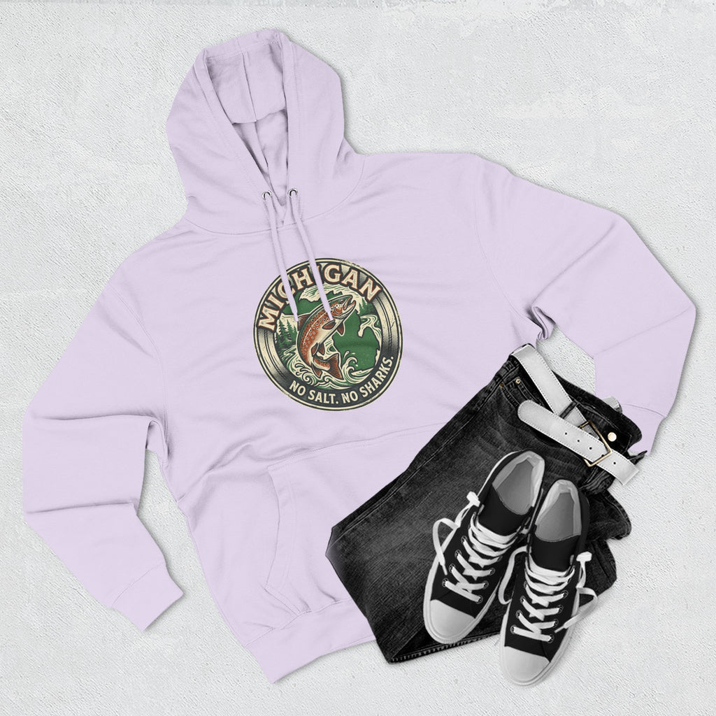 Michigan Fishing Badge Hoodie — No Salt, No Sharks Graphic Pullover