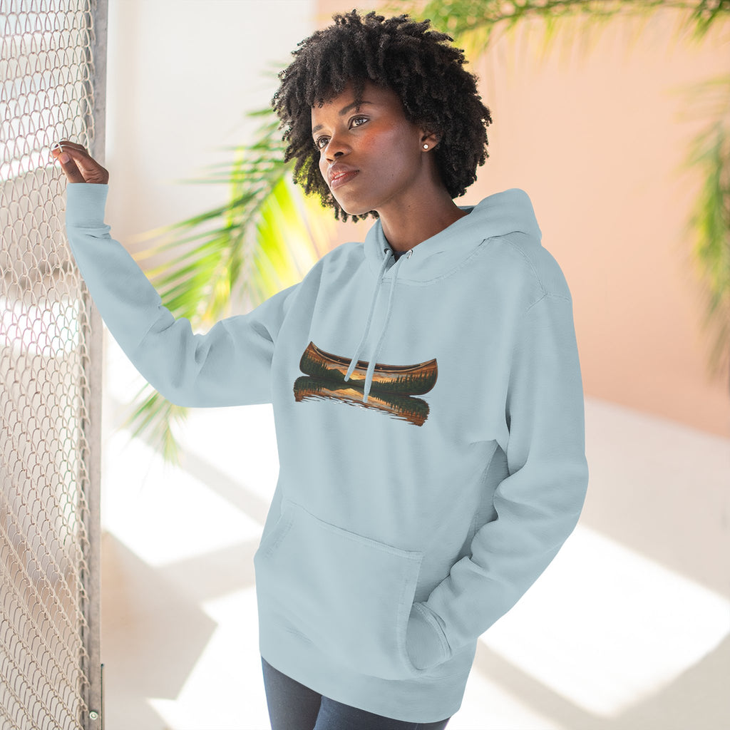 The "Morning Stillness" Premium Hoodie - Vintage Canoe Woodcut