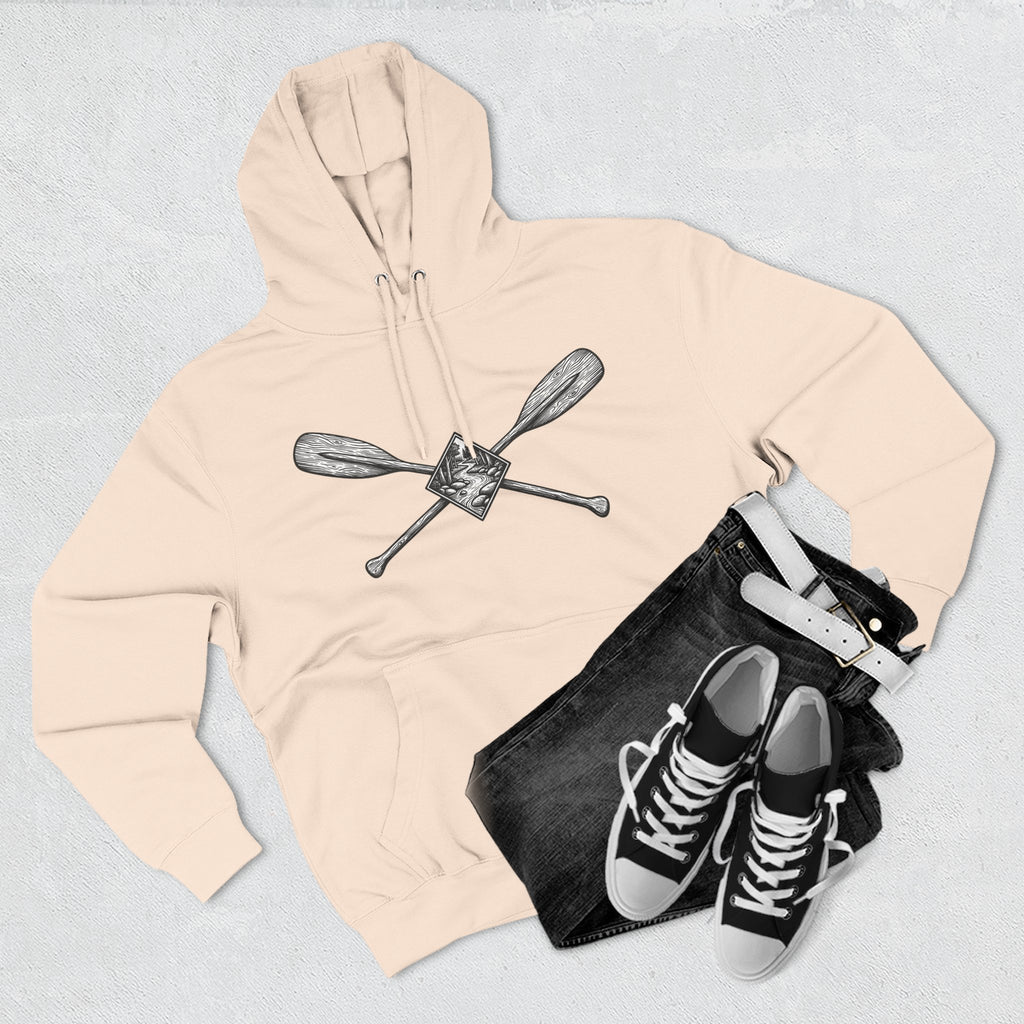 River Wanderer Premium Heavyweight Hoodie - Crossed Paddles Woodcut Design