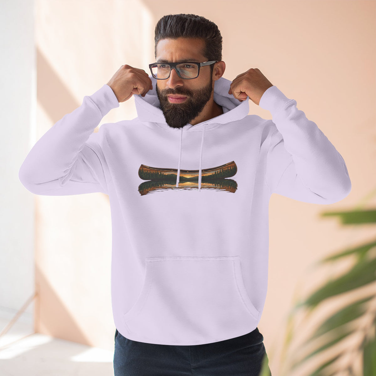 The "Morning Stillness" Premium Hoodie - Vintage Canoe Woodcut