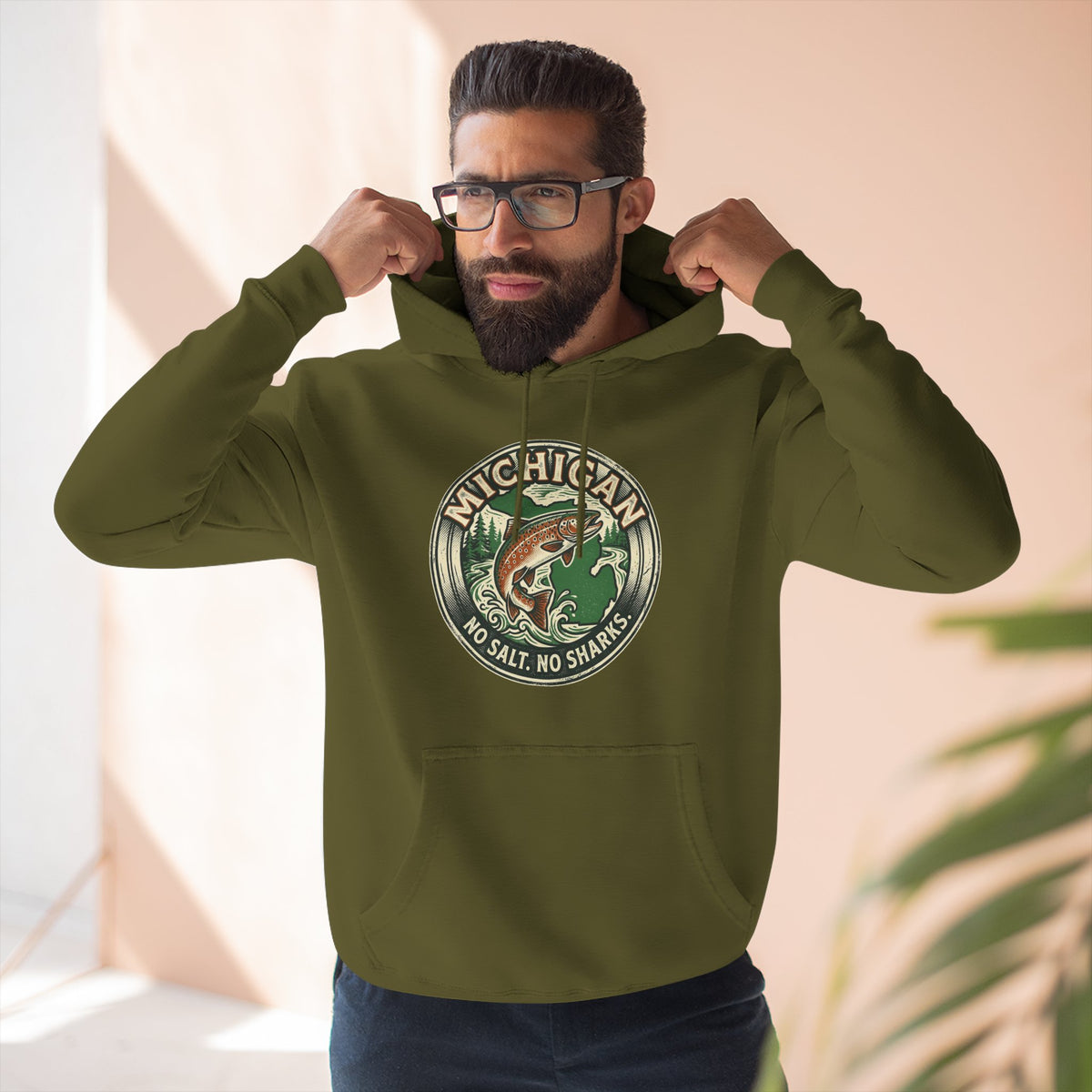 Michigan Fishing Badge Hoodie — No Salt, No Sharks Graphic Pullover