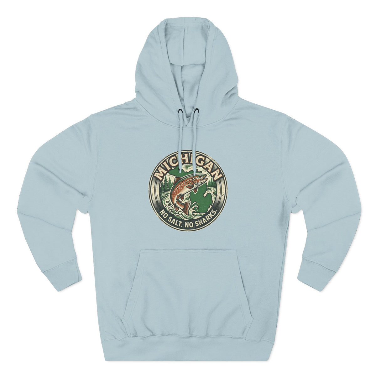 Michigan Fishing Badge Hoodie — No Salt, No Sharks Graphic Pullover
