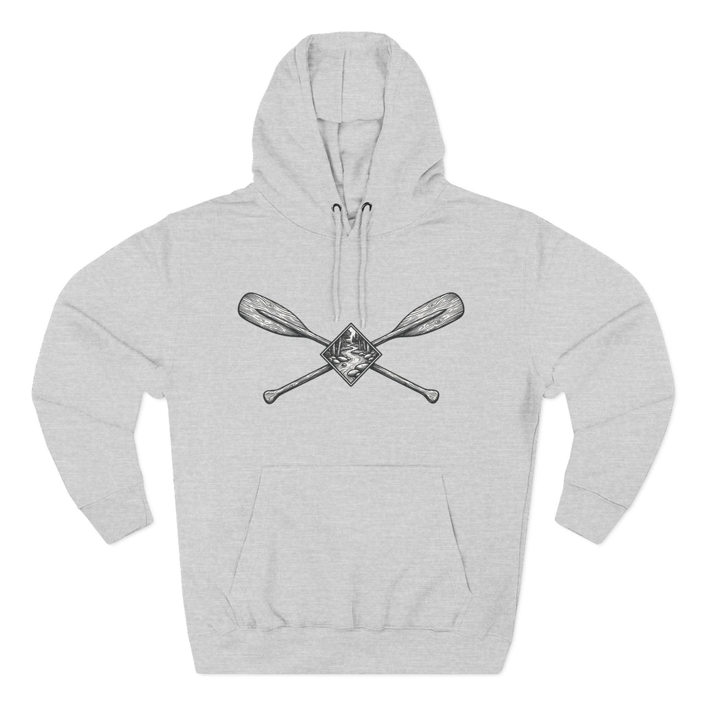 River Wanderer Premium Heavyweight Hoodie - Crossed Paddles Woodcut Design