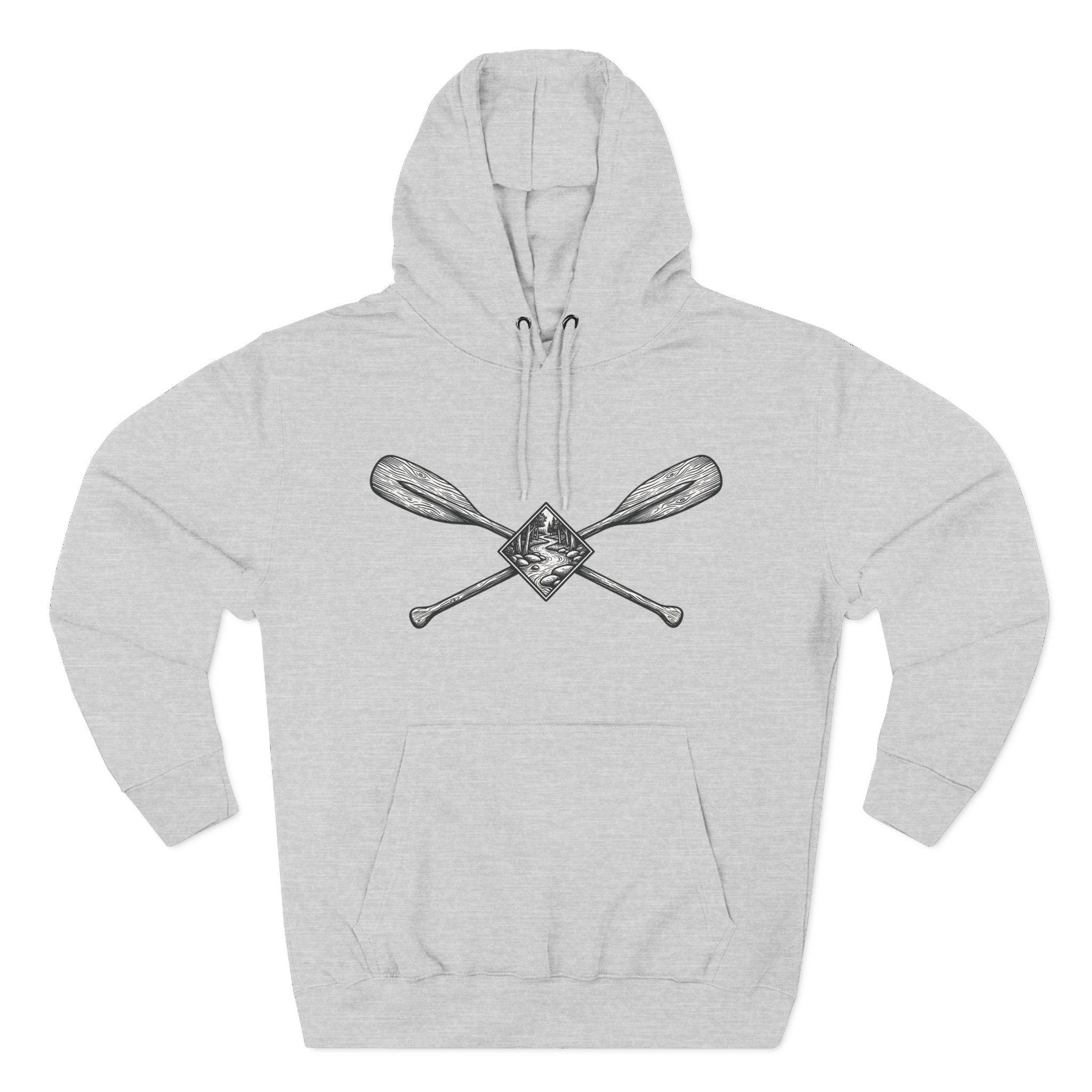 River Wanderer Premium Heavyweight Hoodie - Crossed Paddles Woodcut Design