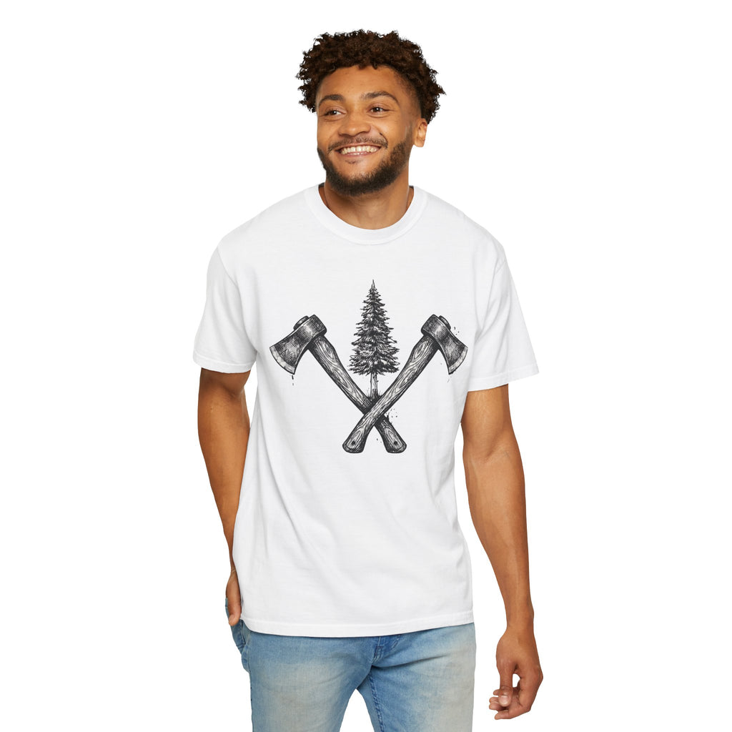 Axe & Pine Tree T-Shirt — Rustic Lumberjack Graphic Tee