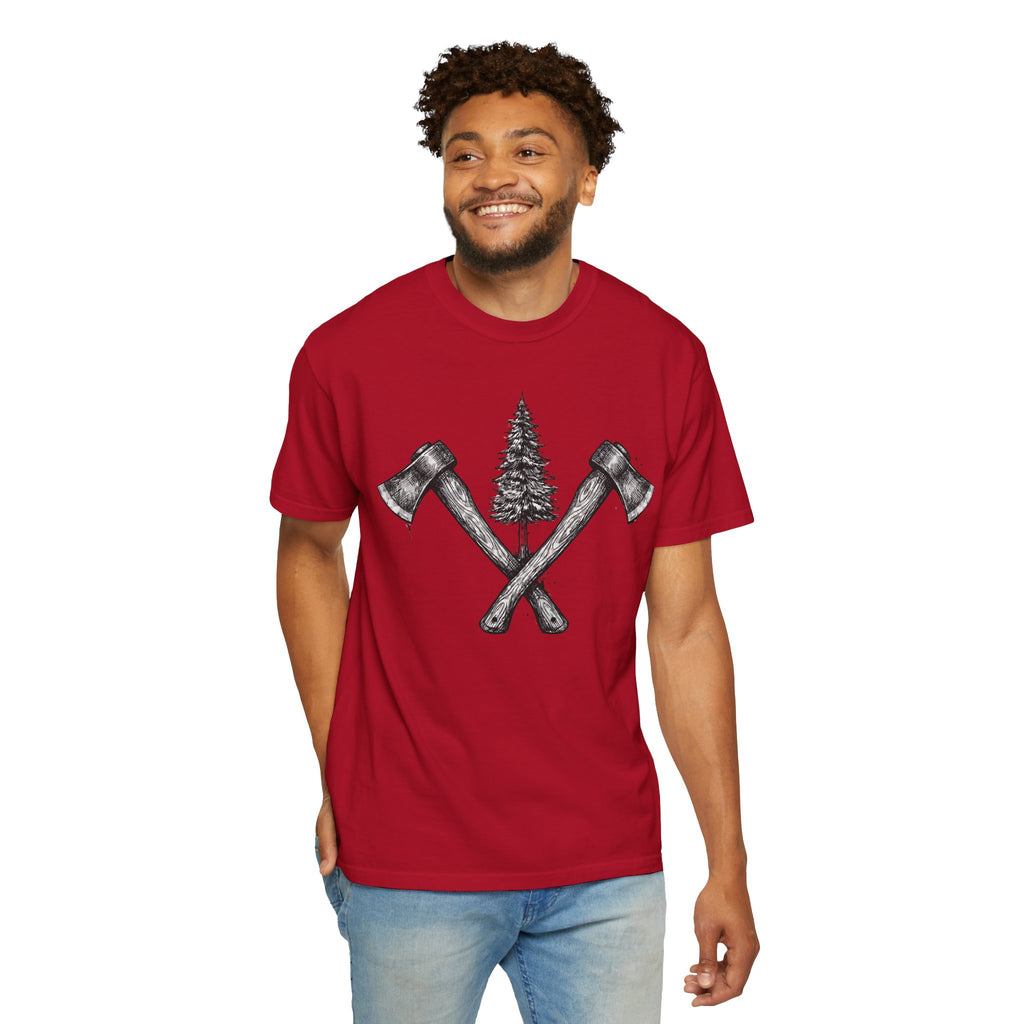 Axe & Pine Tree T-Shirt — Rustic Lumberjack Graphic Tee