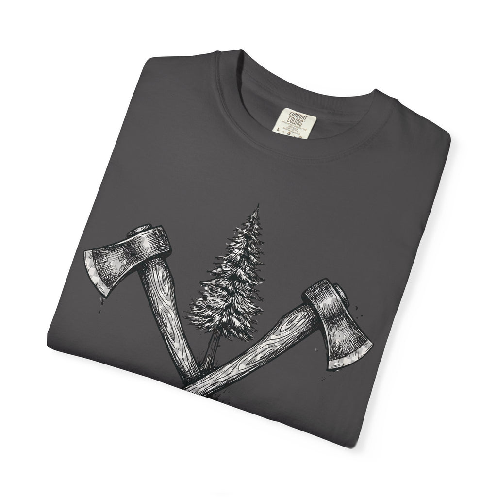 Axe & Pine Tree T-Shirt — Rustic Lumberjack Graphic Tee