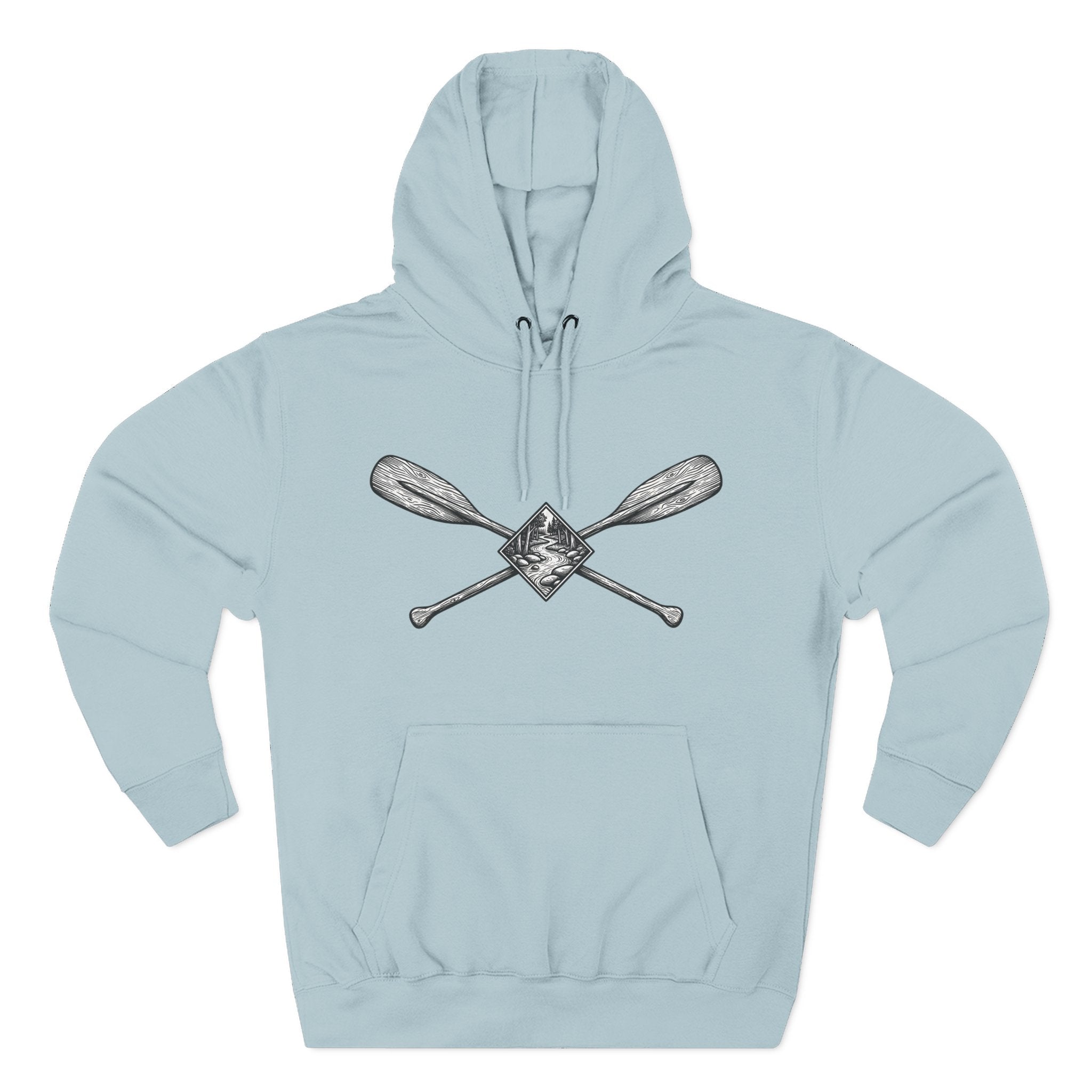 River Wanderer Premium Heavyweight Hoodie - Crossed Paddles Woodcut Design