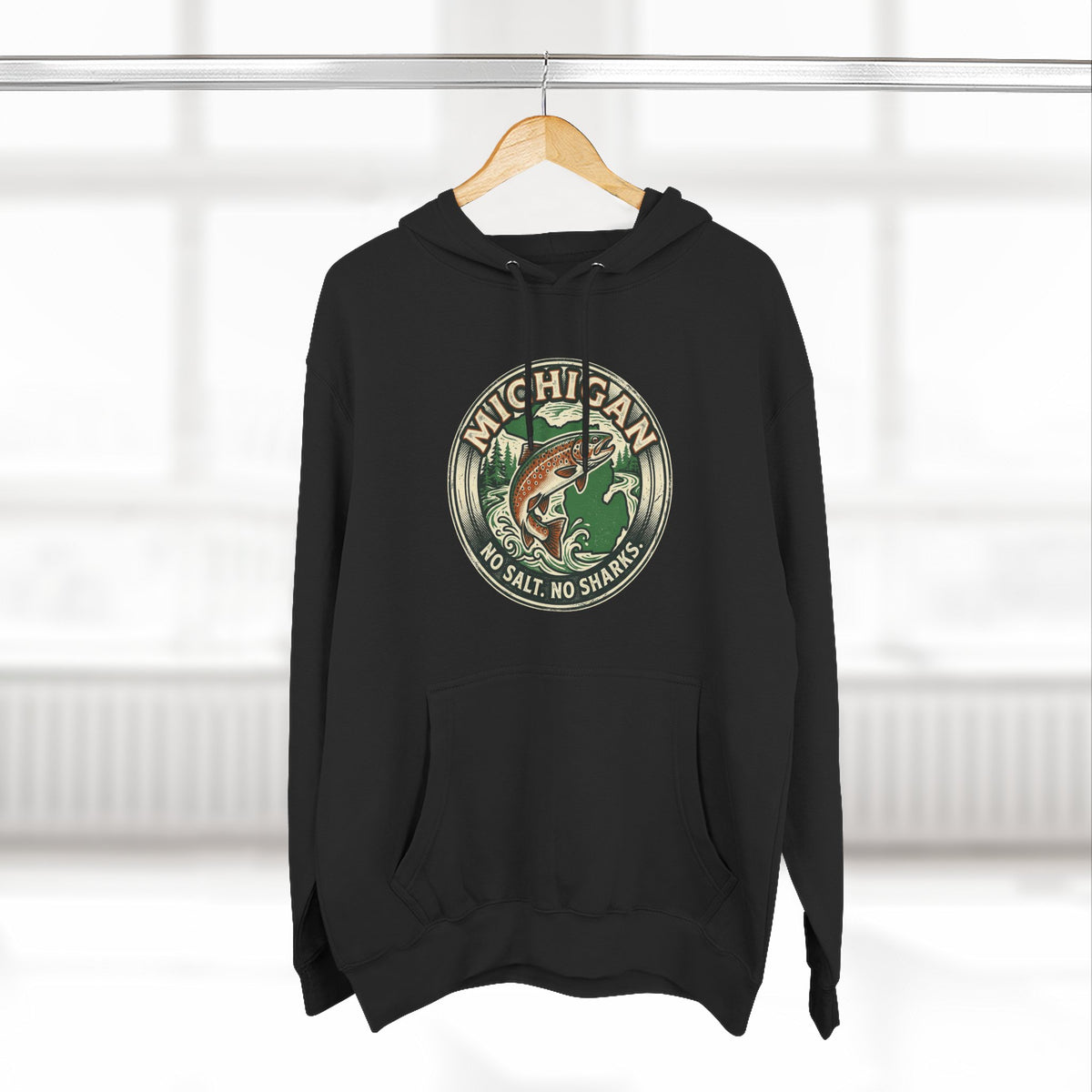 Michigan Fishing Badge Hoodie — No Salt, No Sharks Graphic Pullover
