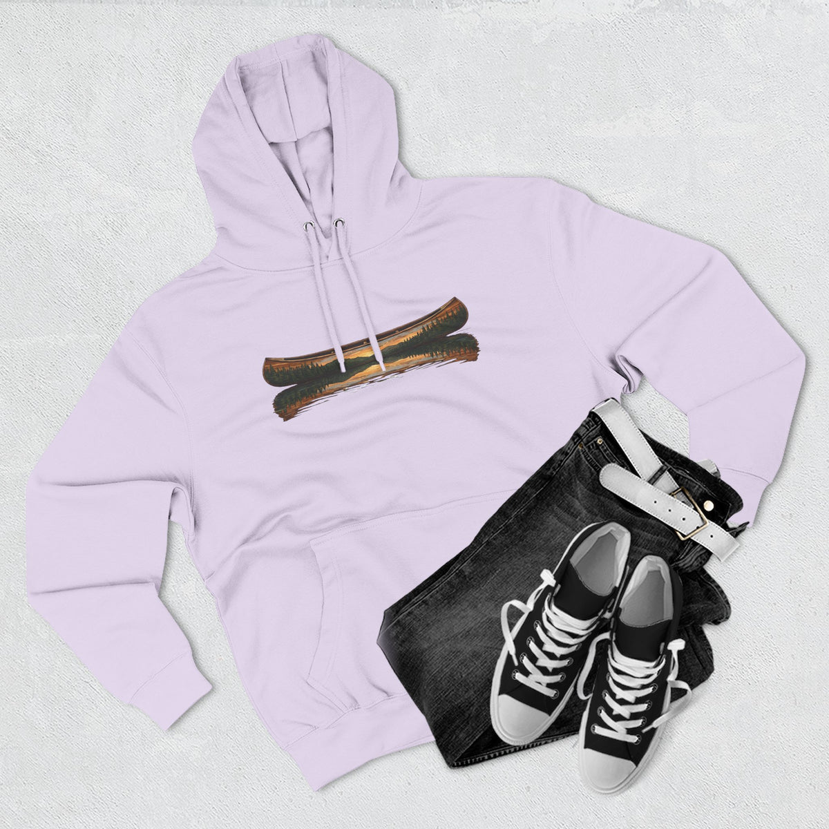The "Morning Stillness" Premium Hoodie - Vintage Canoe Woodcut
