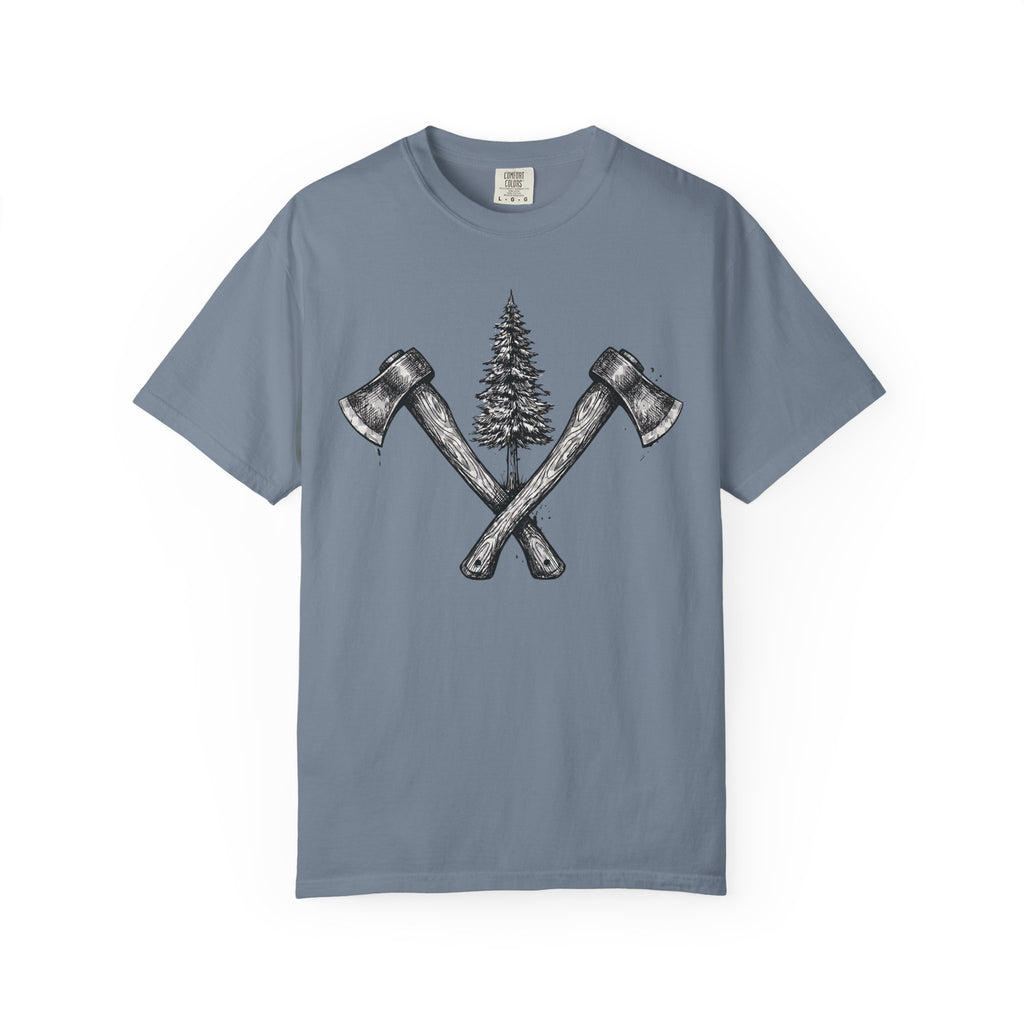 Axe & Pine Tree T-Shirt — Rustic Lumberjack Graphic Tee