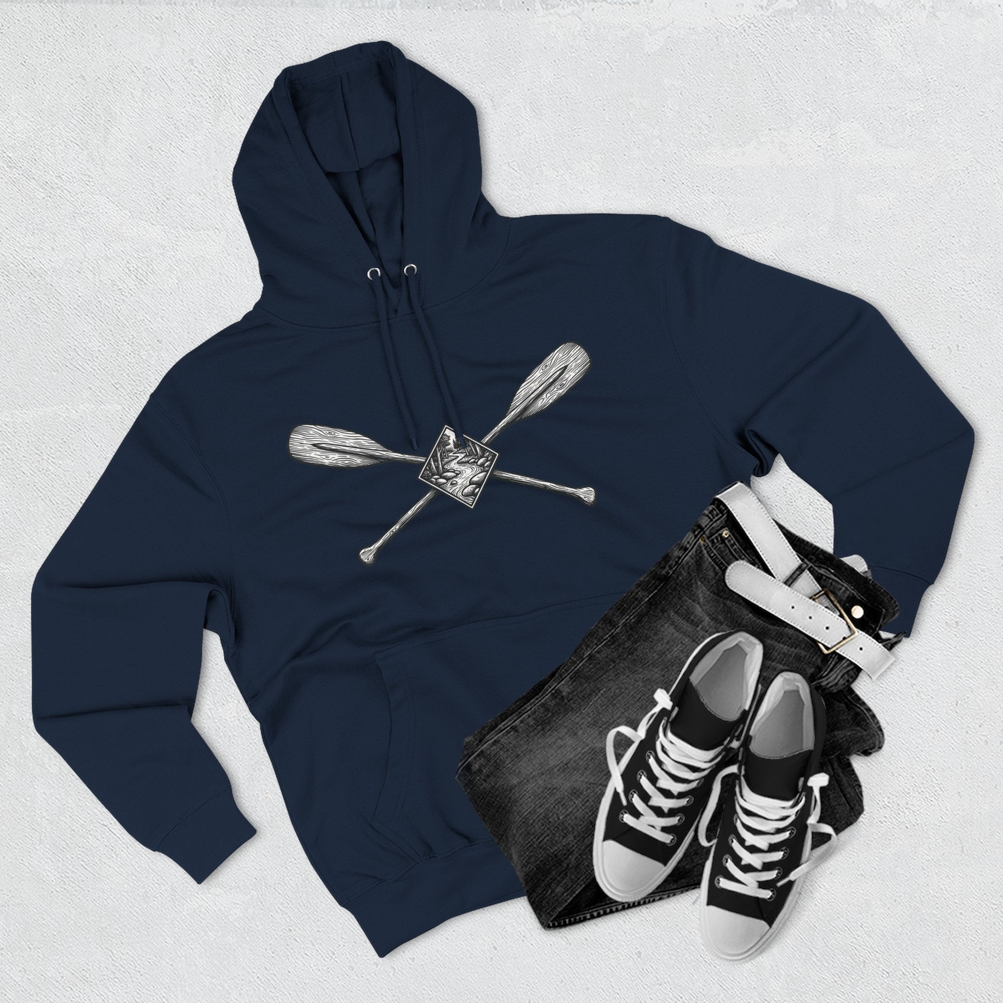 River Wanderer Premium Heavyweight Hoodie - Crossed Paddles Woodcut Design
