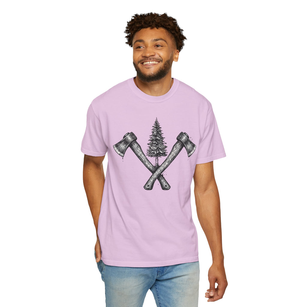 Axe & Pine Tree T-Shirt — Rustic Lumberjack Graphic Tee