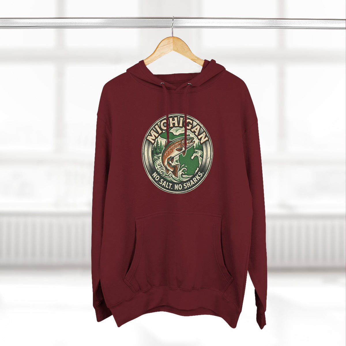 Michigan Fishing Badge Hoodie — No Salt, No Sharks Graphic Pullover