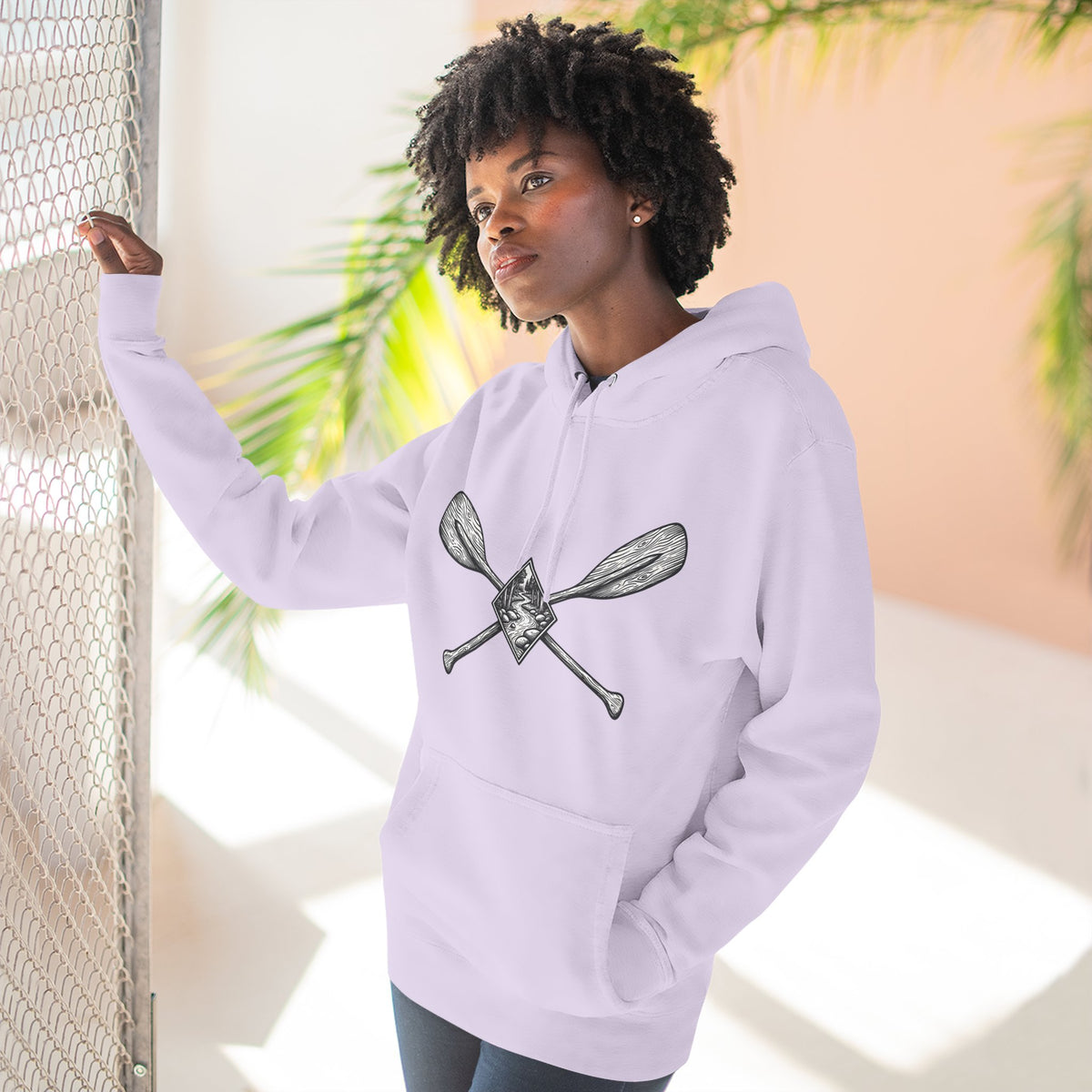 River Wanderer Premium Heavyweight Hoodie - Crossed Paddles Woodcut Design
