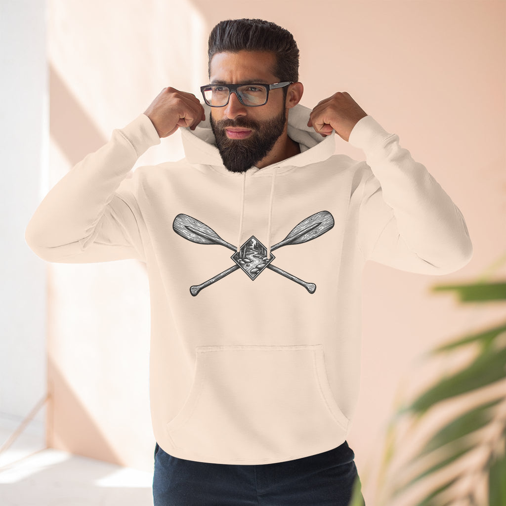 River Wanderer Premium Heavyweight Hoodie - Crossed Paddles Woodcut Design