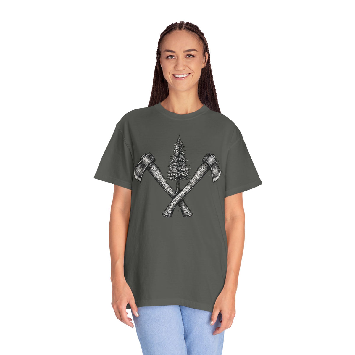 Axe & Pine Tree T-Shirt — Rustic Lumberjack Graphic Tee