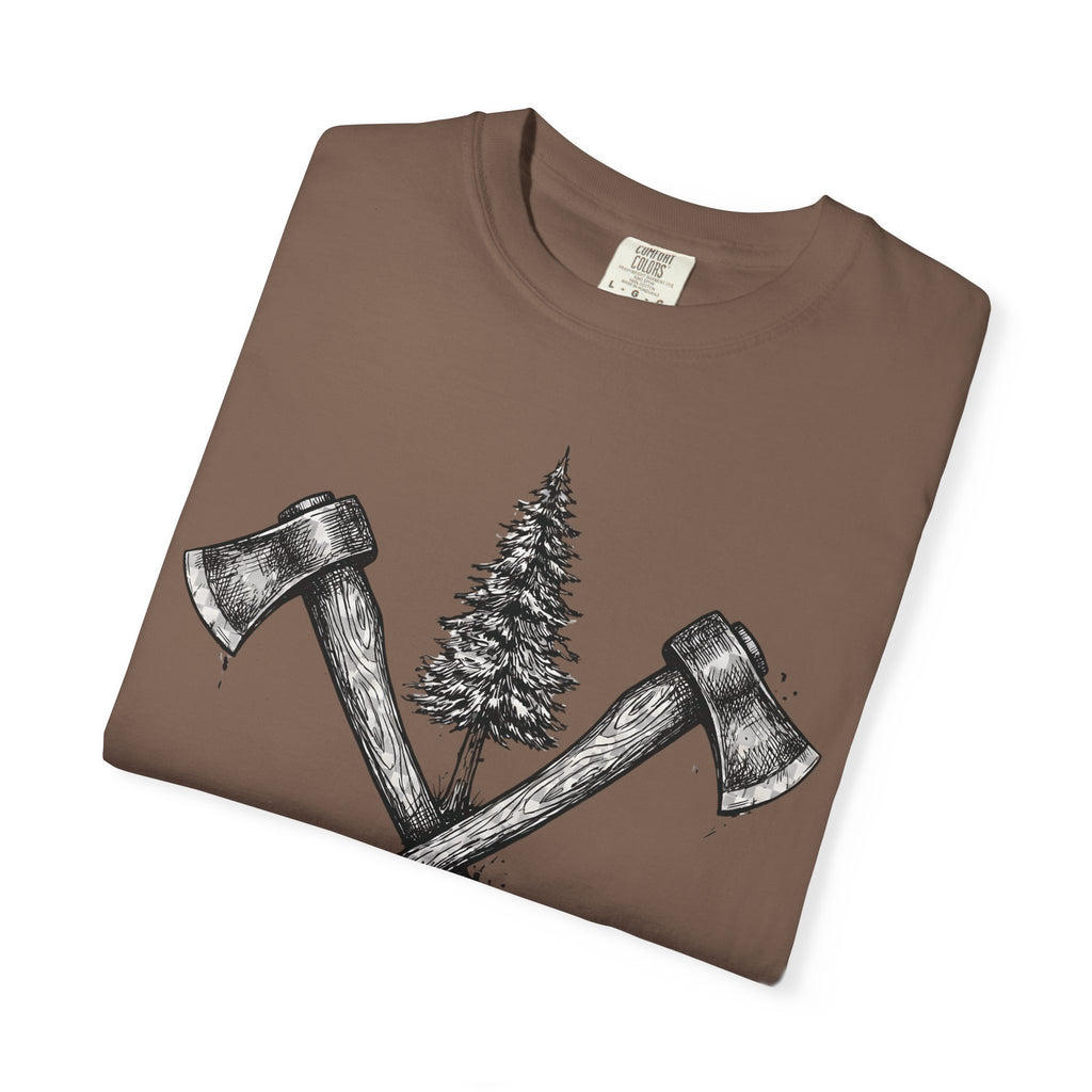 Axe & Pine Tree T-Shirt — Rustic Lumberjack Graphic Tee