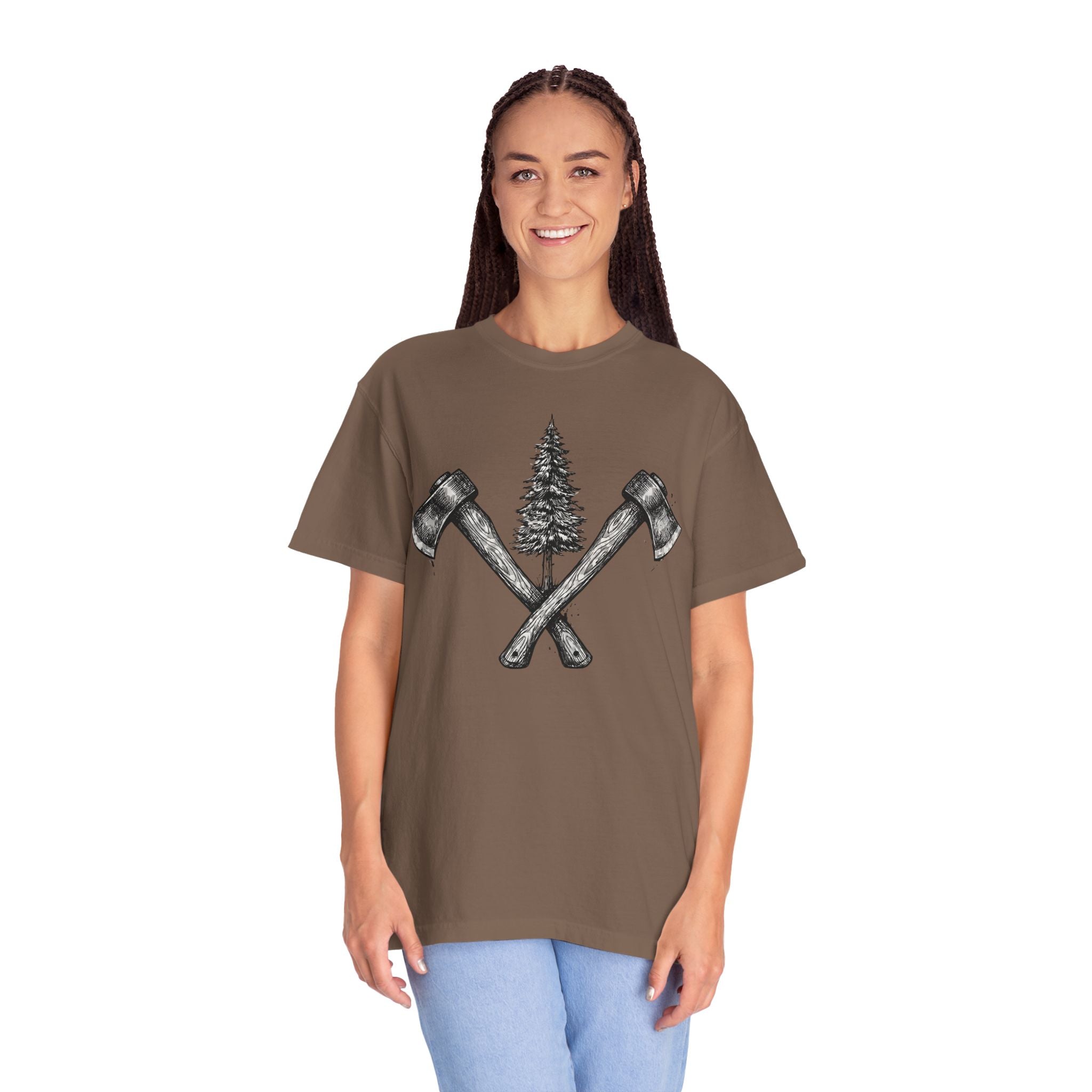 Axe & Pine Tree T-Shirt — Rustic Lumberjack Graphic Tee