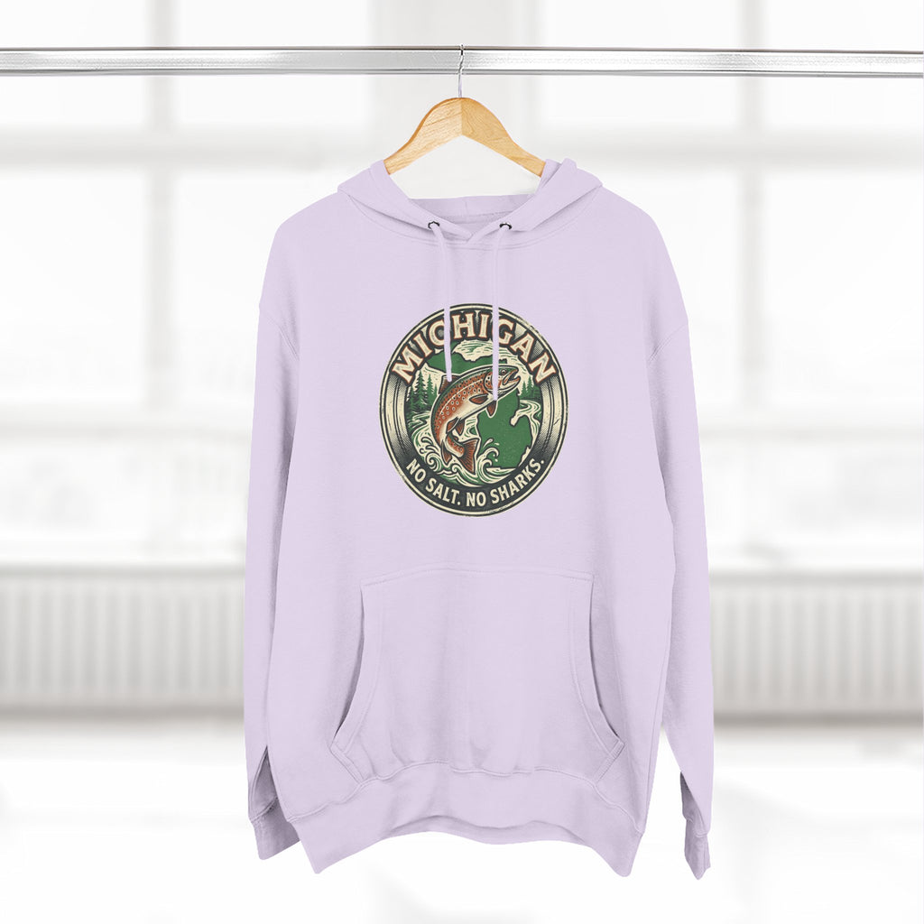 Michigan Fishing Badge Hoodie — No Salt, No Sharks Graphic Pullover