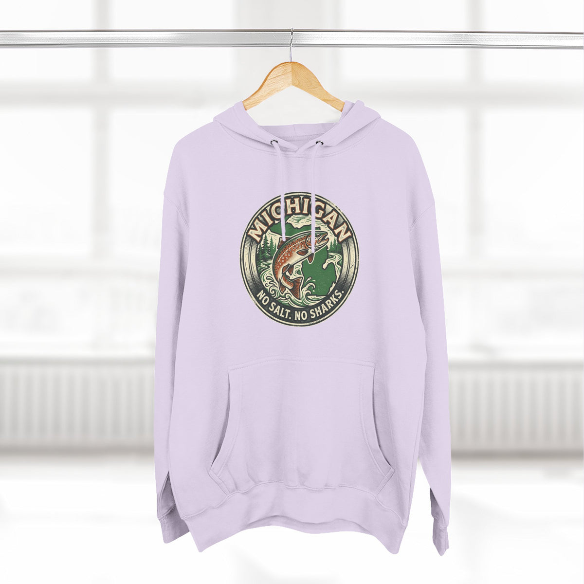 Michigan Fishing Badge Hoodie — No Salt, No Sharks Graphic Pullover