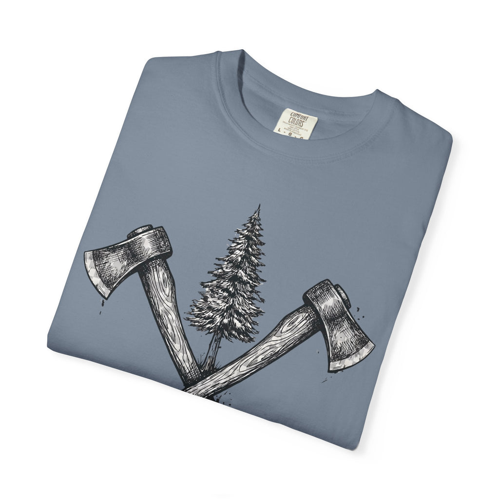 Axe & Pine Tree T-Shirt — Rustic Lumberjack Graphic Tee