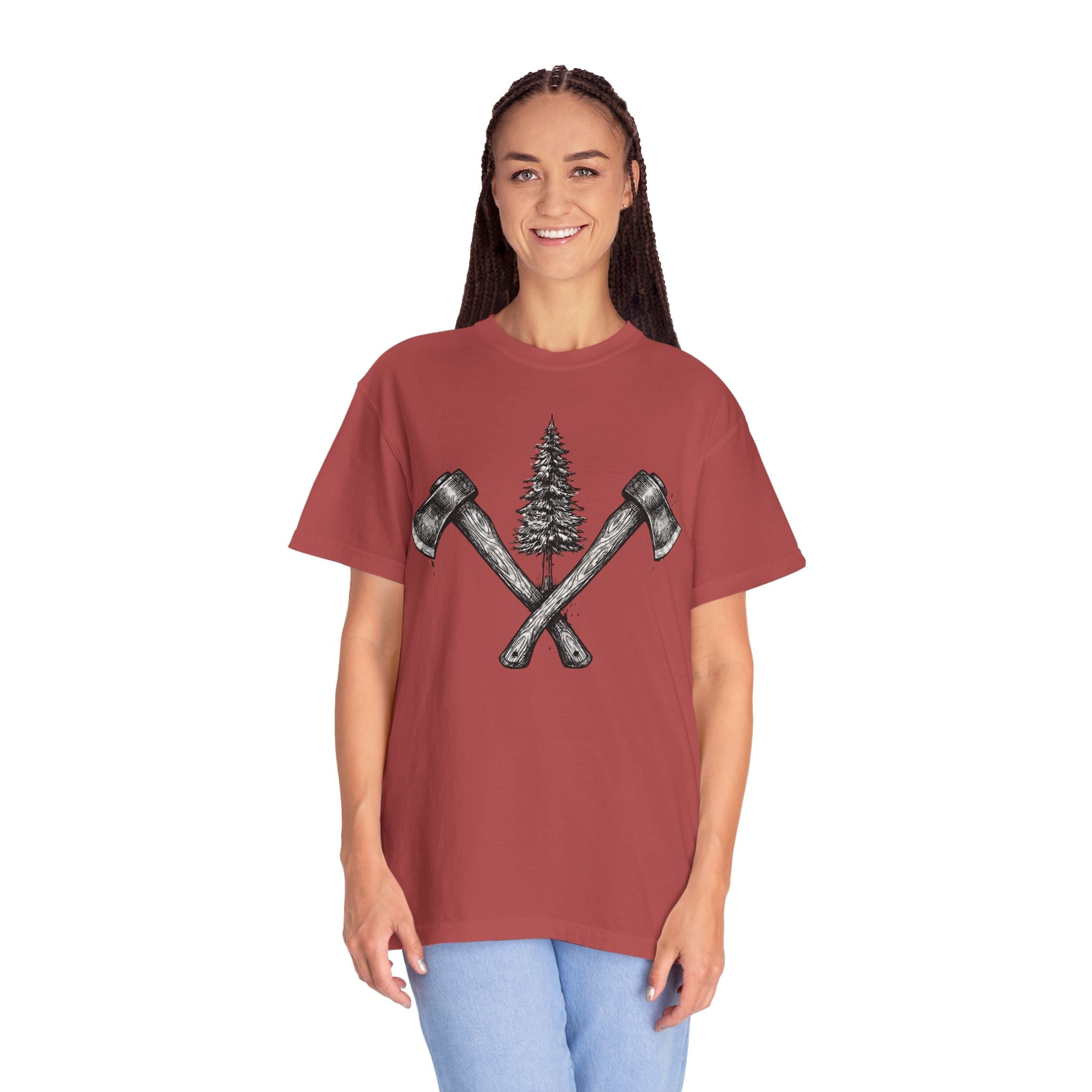 Axe & Pine Tree T-Shirt — Rustic Lumberjack Graphic Tee