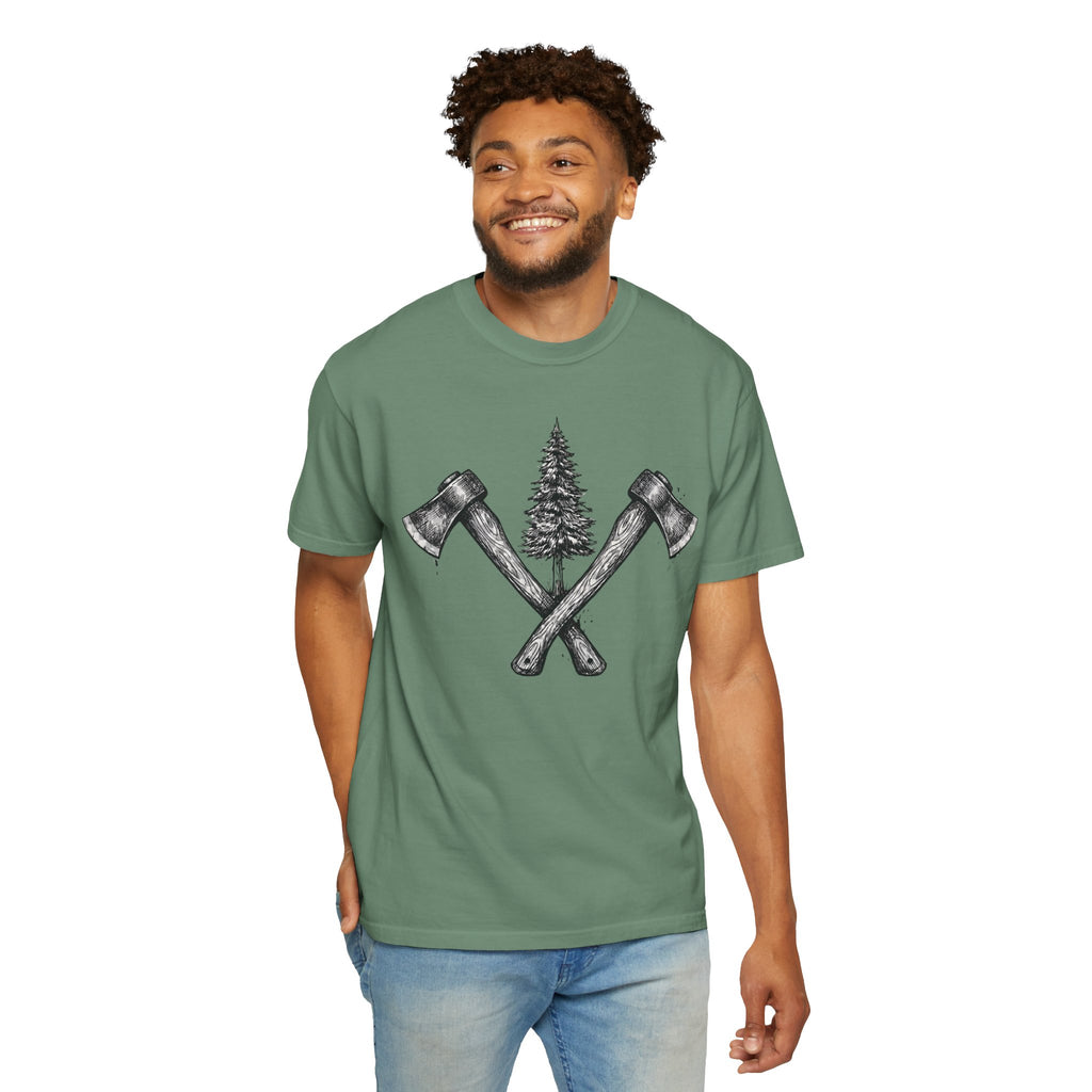 Axe & Pine Tree T-Shirt — Rustic Lumberjack Graphic Tee