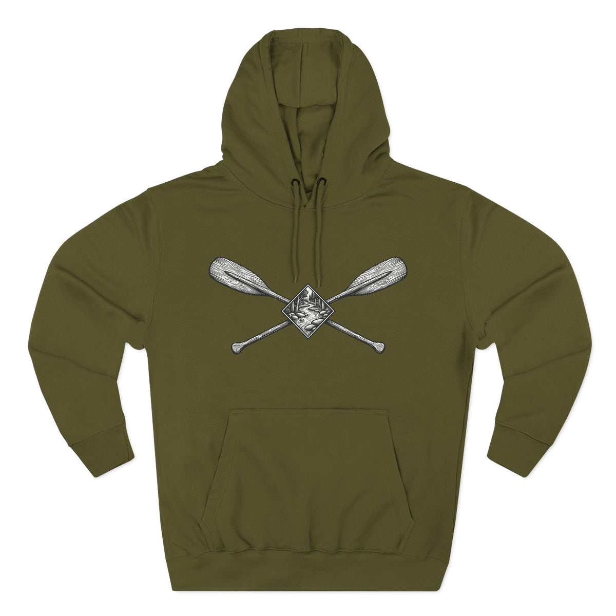 River Wanderer Premium Heavyweight Hoodie - Crossed Paddles Woodcut Design