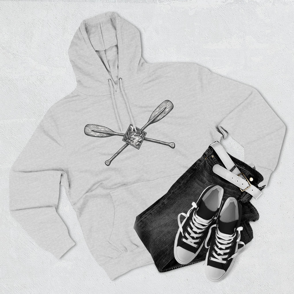 River Wanderer Premium Heavyweight Hoodie - Crossed Paddles Woodcut Design