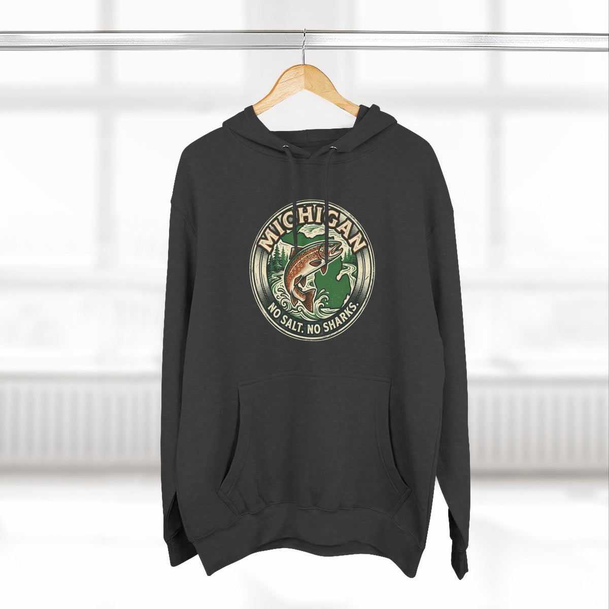 Michigan Fishing Badge Hoodie — No Salt, No Sharks Graphic Pullover