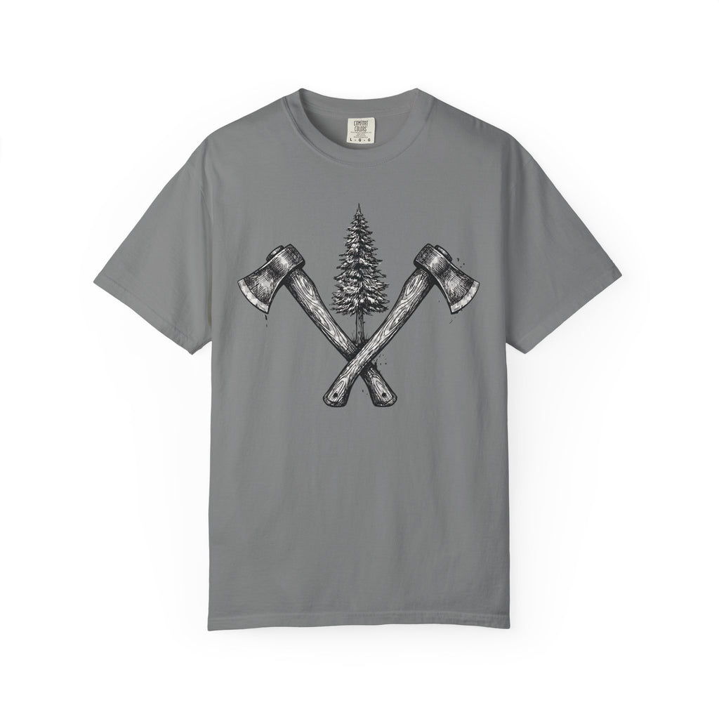 Axe & Pine Tree T-Shirt — Rustic Lumberjack Graphic Tee