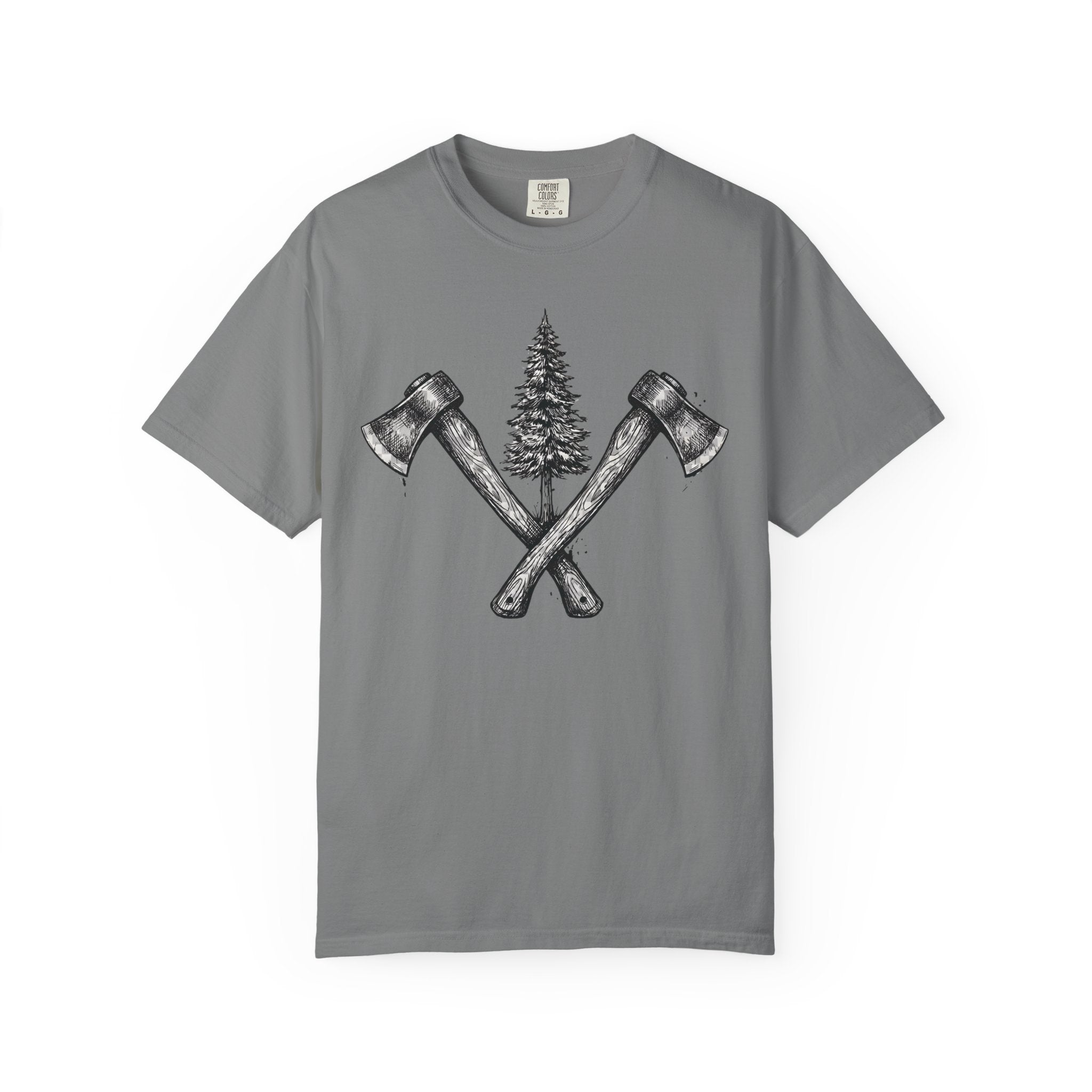 Axe & Pine Tree T-Shirt — Rustic Lumberjack Graphic Tee