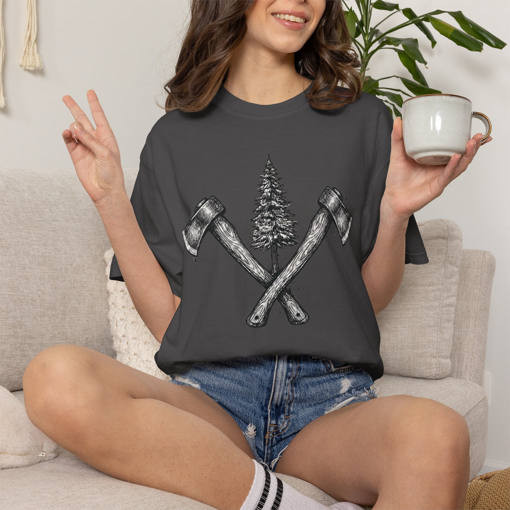 Axe & Pine Tree T-Shirt — Rustic Lumberjack Graphic Tee