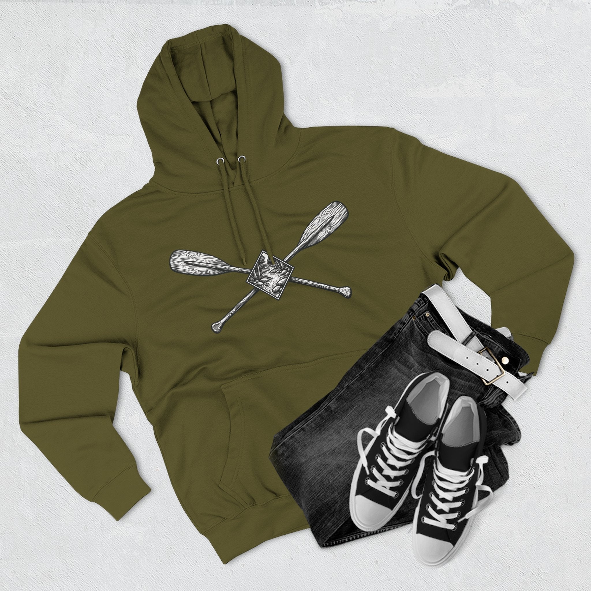 River Wanderer Premium Heavyweight Hoodie - Crossed Paddles Woodcut Design