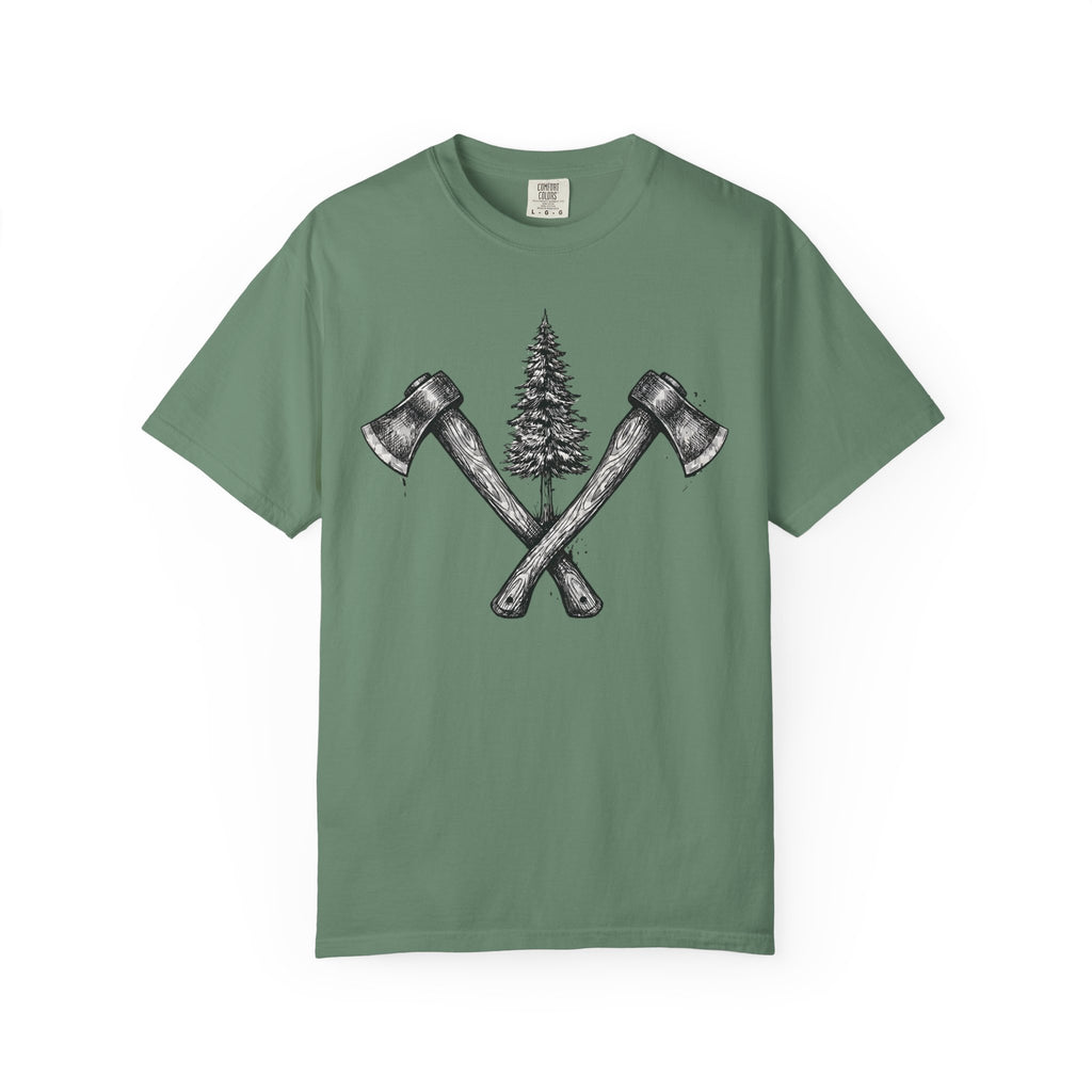Axe & Pine Tree T-Shirt — Rustic Lumberjack Graphic Tee