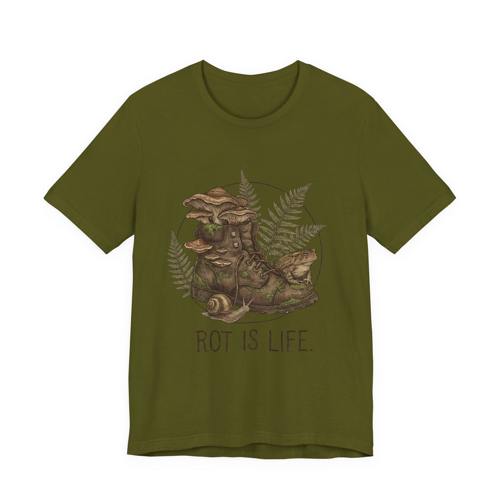 Rot Is Life T‑Shirt — Woodland Mushroom Decay Graphic Tee