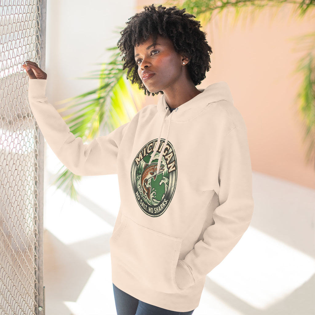 Michigan Fishing Badge Hoodie — No Salt, No Sharks Graphic Pullover