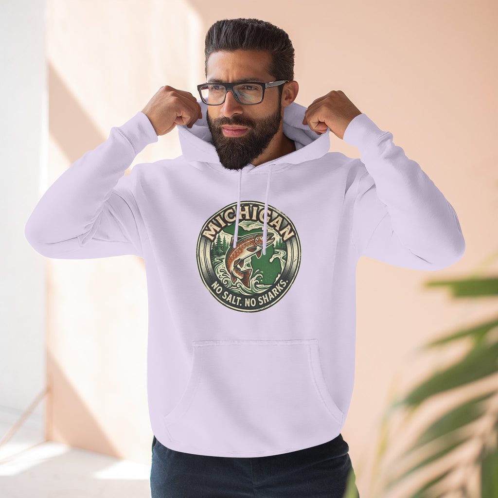 Michigan Fishing Badge Hoodie — No Salt, No Sharks Graphic Pullover