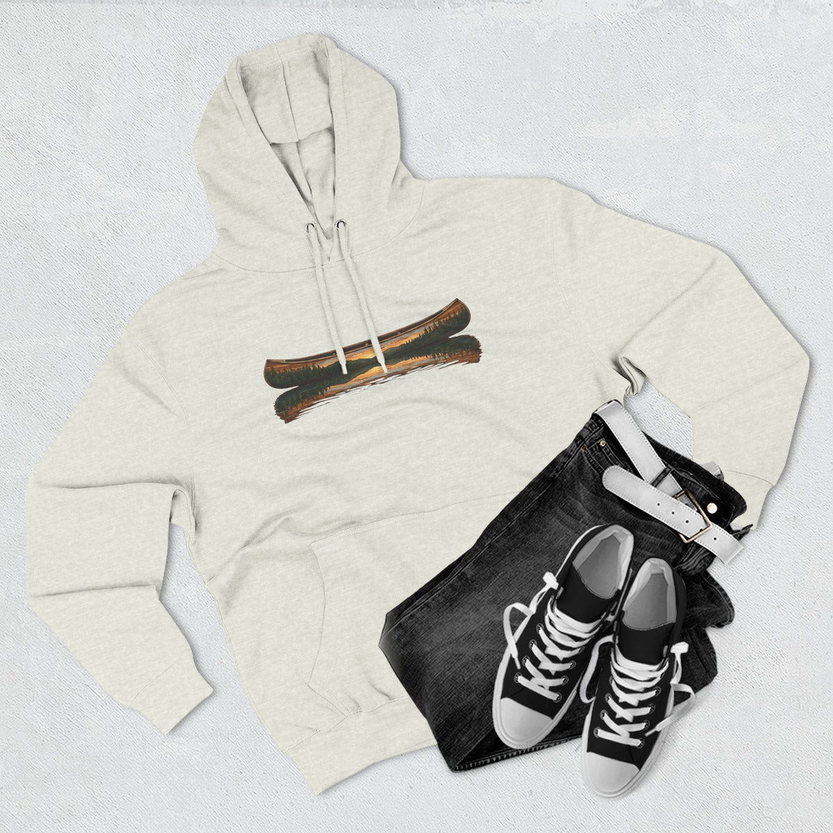 The "Morning Stillness" Premium Hoodie - Vintage Canoe Woodcut