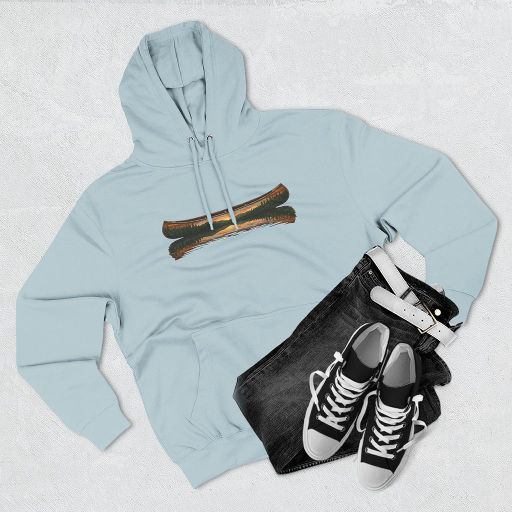 The "Morning Stillness" Premium Hoodie - Vintage Canoe Woodcut