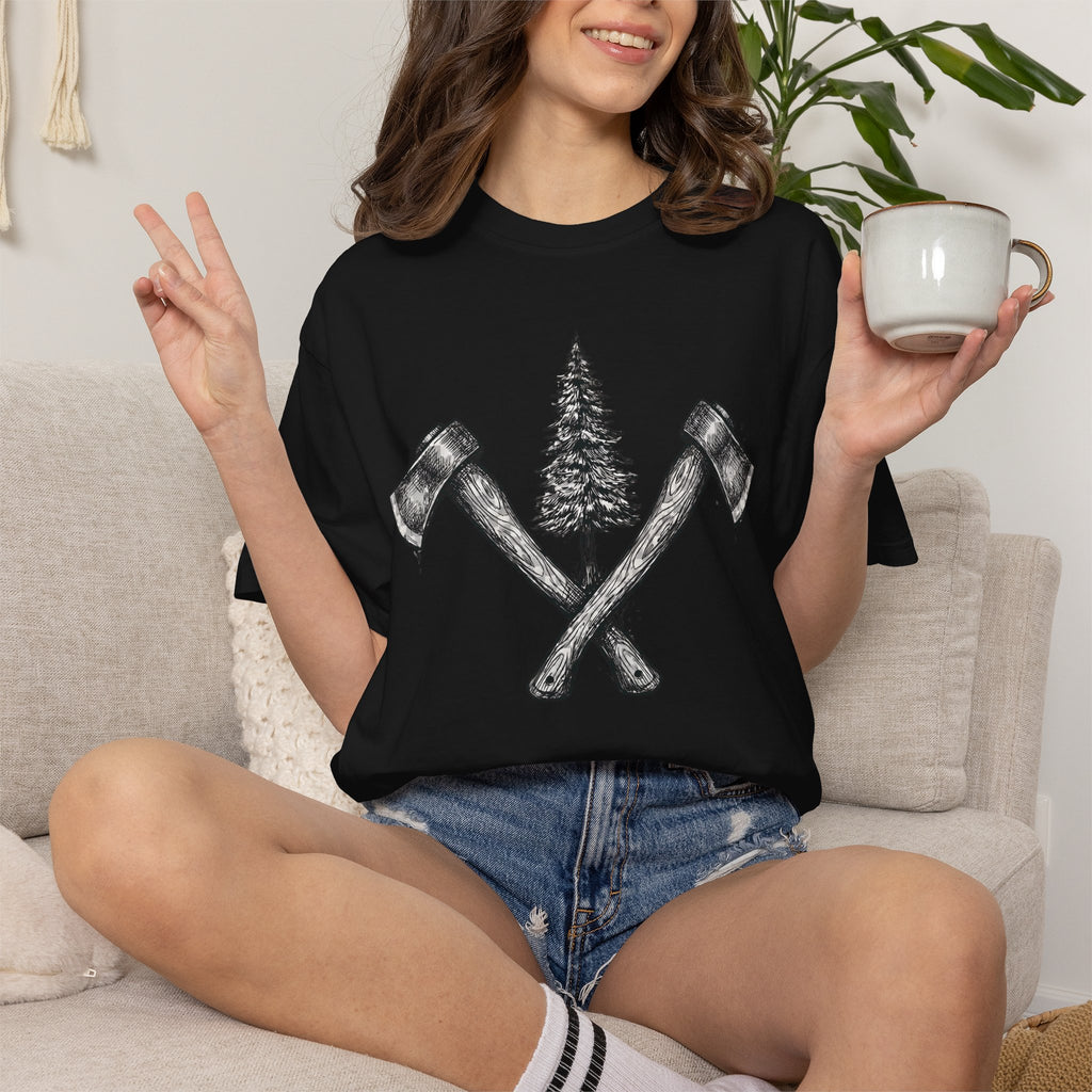 Axe & Pine Tree T-Shirt — Rustic Lumberjack Graphic Tee