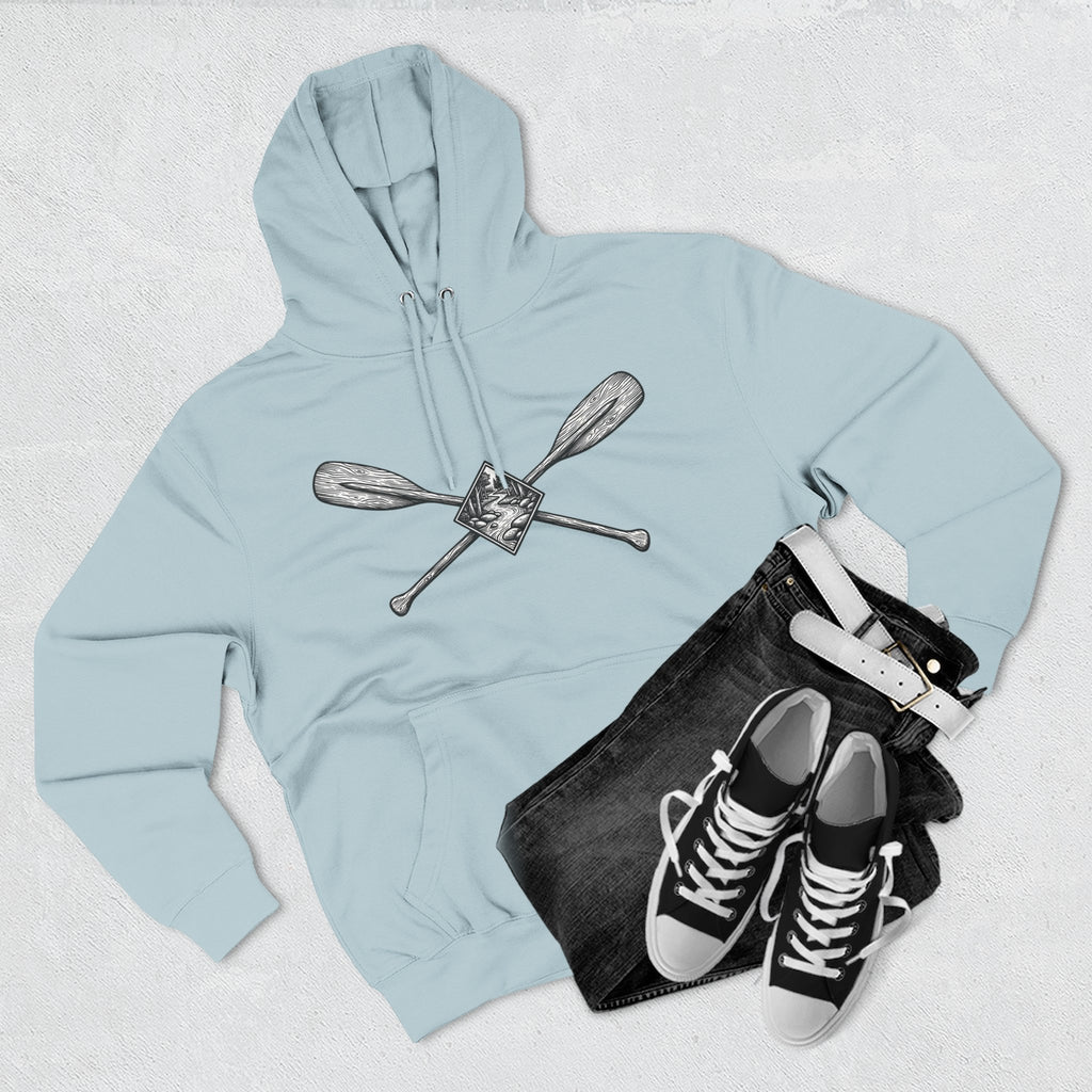 River Wanderer Premium Heavyweight Hoodie - Crossed Paddles Woodcut Design