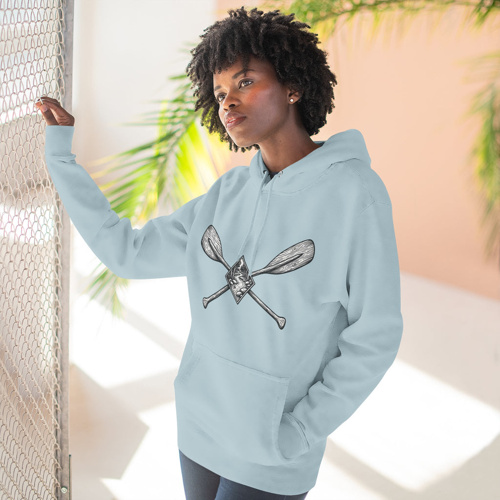 River Wanderer Premium Heavyweight Hoodie - Crossed Paddles Woodcut Design