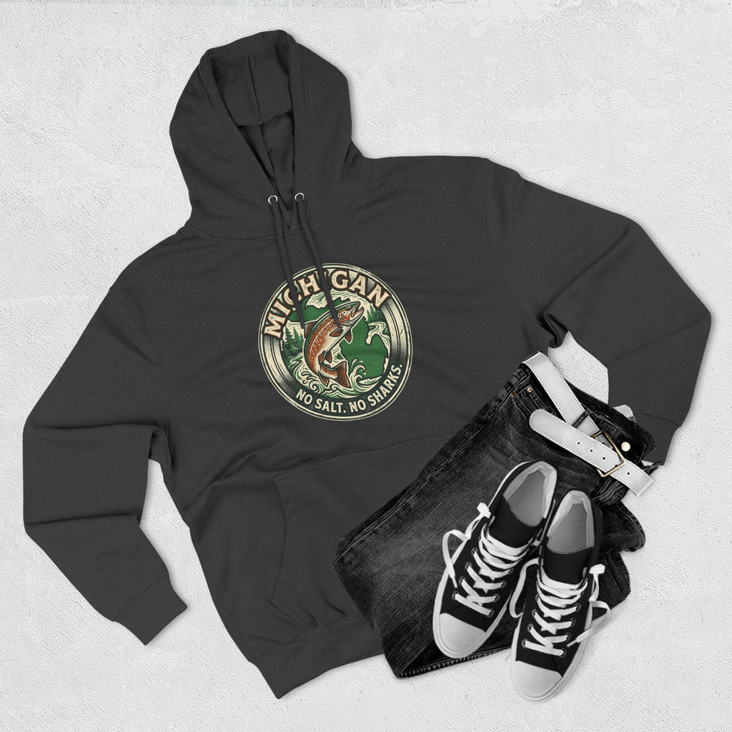 Michigan Fishing Badge Hoodie — No Salt, No Sharks Graphic Pullover